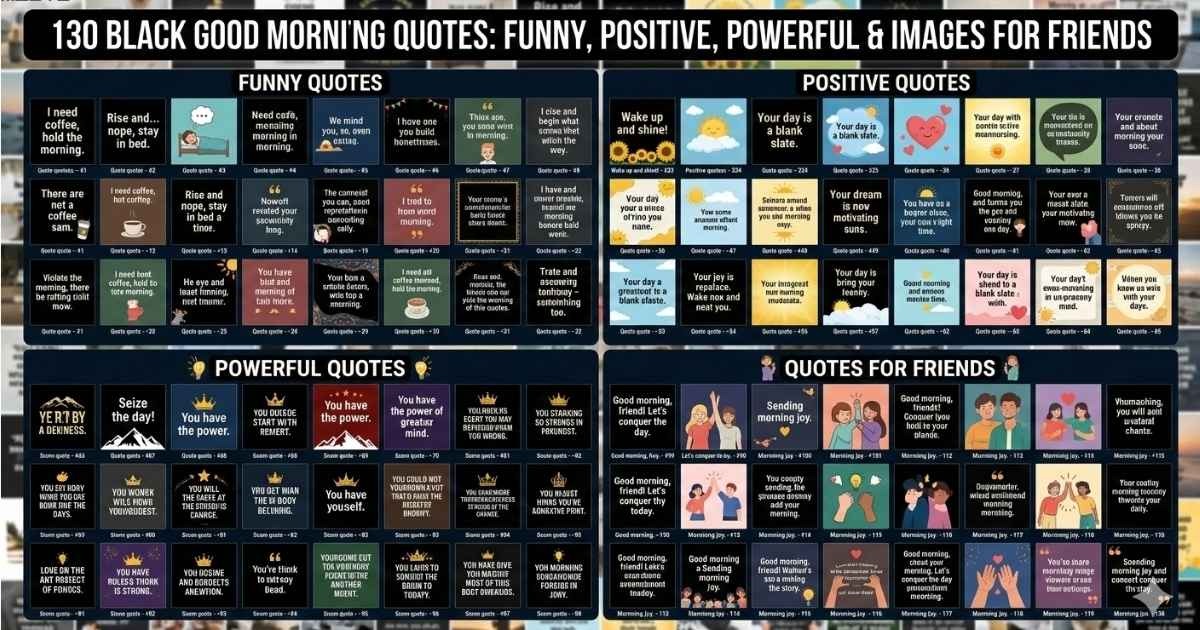 Black good morning quotes with funny, positive, and powerful morning messages for friends, featuring uplifting words and inspiring images.