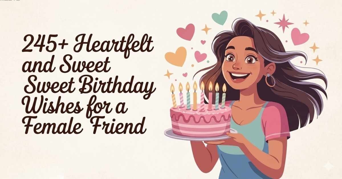 Heartfelt and sweet birthday wishes for a female friend written on a beautiful birthday greeting card with flowers and celebration decorations.