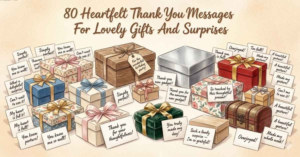 Beautiful thank you card with flowers and gift box showing a message that says thank you for the lovely gift and surprise.