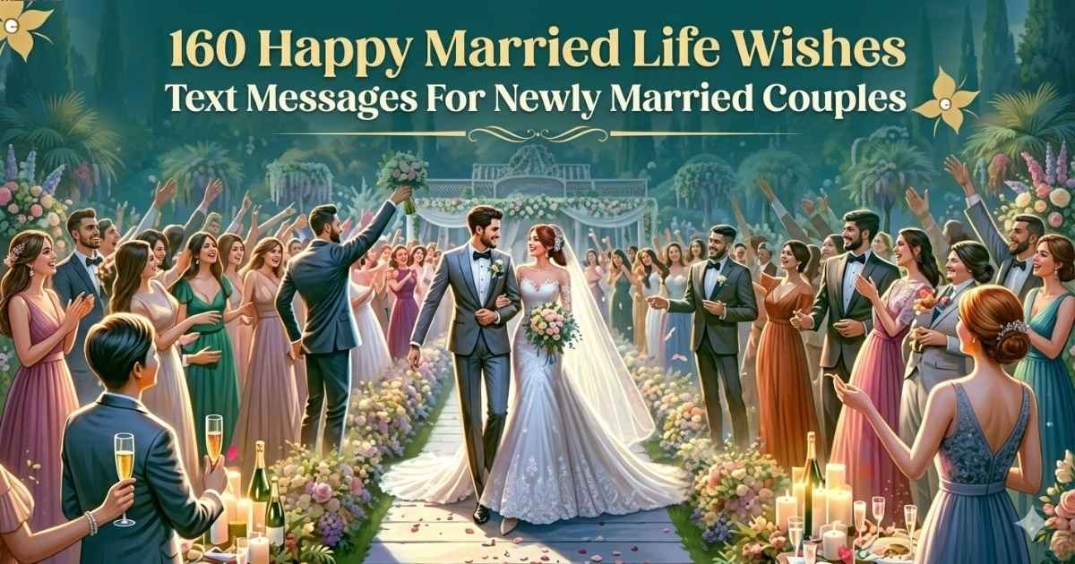 Happy married life wishes for newly married couples with romantic congratulations message, wedding rings, and love-filled blessings for a joyful marriage. 💑💐