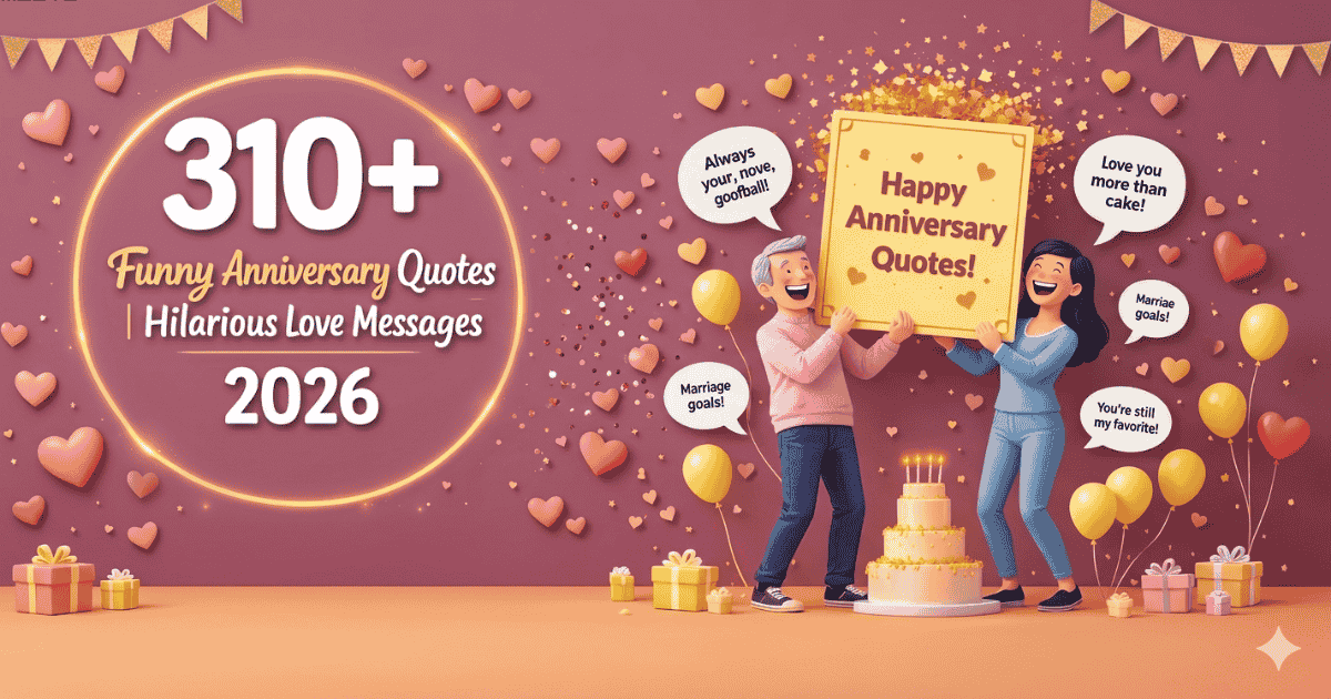 Funny anniversary quotes and hilarious love messages for couples celebrating love, laughter, and marriage anniversaries in 2026.