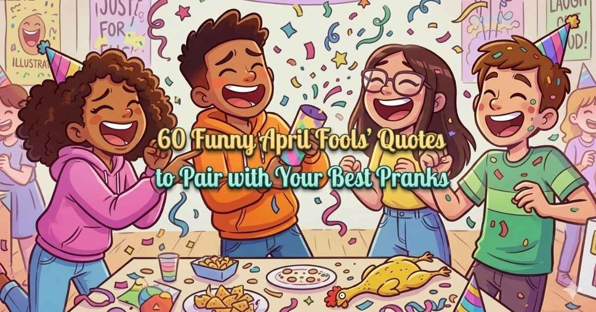 Funny April Fools’ quotes with playful prank theme, colorful background, and humorous text perfect for sharing laughs on April 1st.