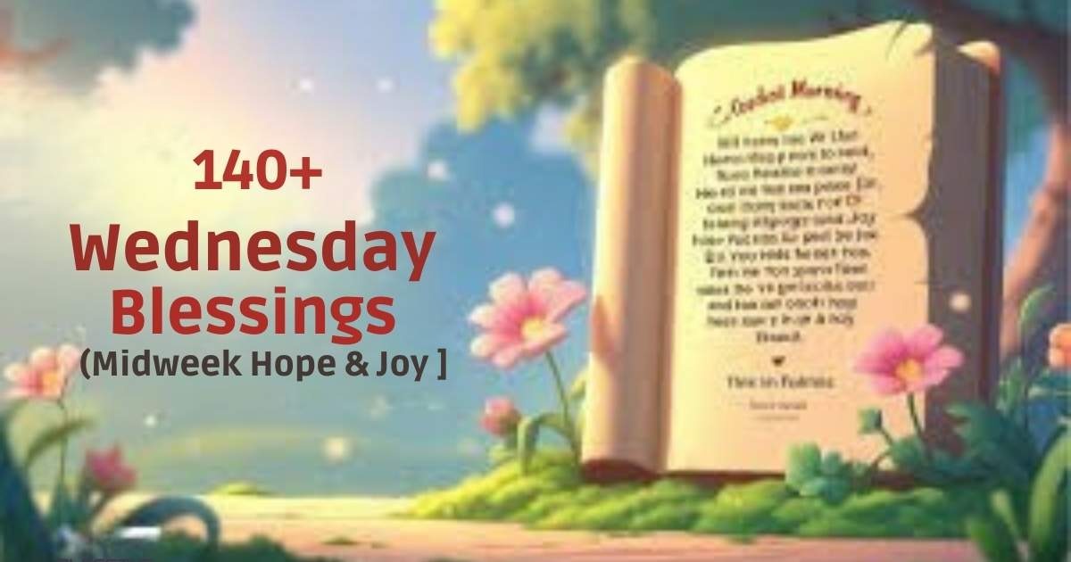 Good morning Wednesday blessings quote with uplifting message, sunshine background, flowers, and positive midweek inspiration text.