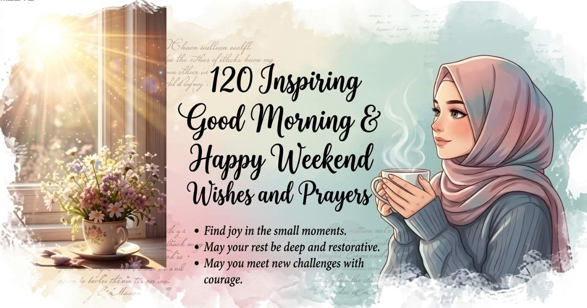 Inspirational good morning and happy weekend wishes with uplifting prayers, peaceful morning vibes, and positive weekend energy image.