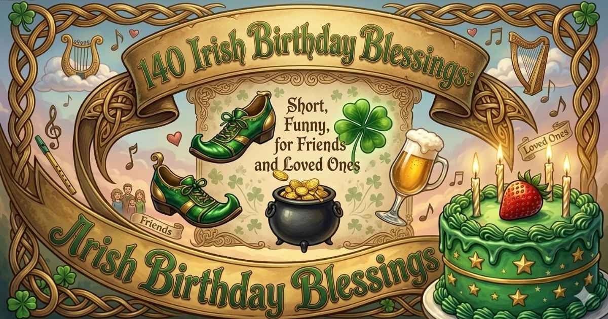 “Irish birthday blessings and wishes in green Celtic style for friends and loved ones.”