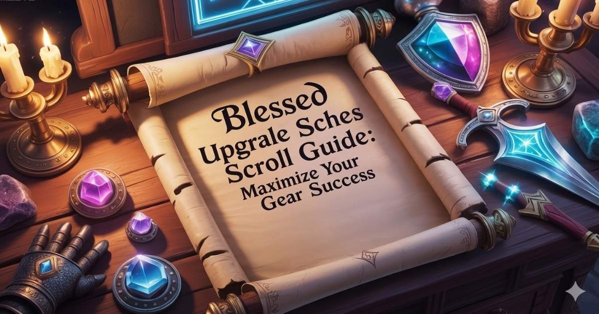 Fantasy MMORPG character upgrading powerful gear using a glowing Blessed Upgrade Scroll with magical effects, enhanced weapons, armor, and success animation on screen.