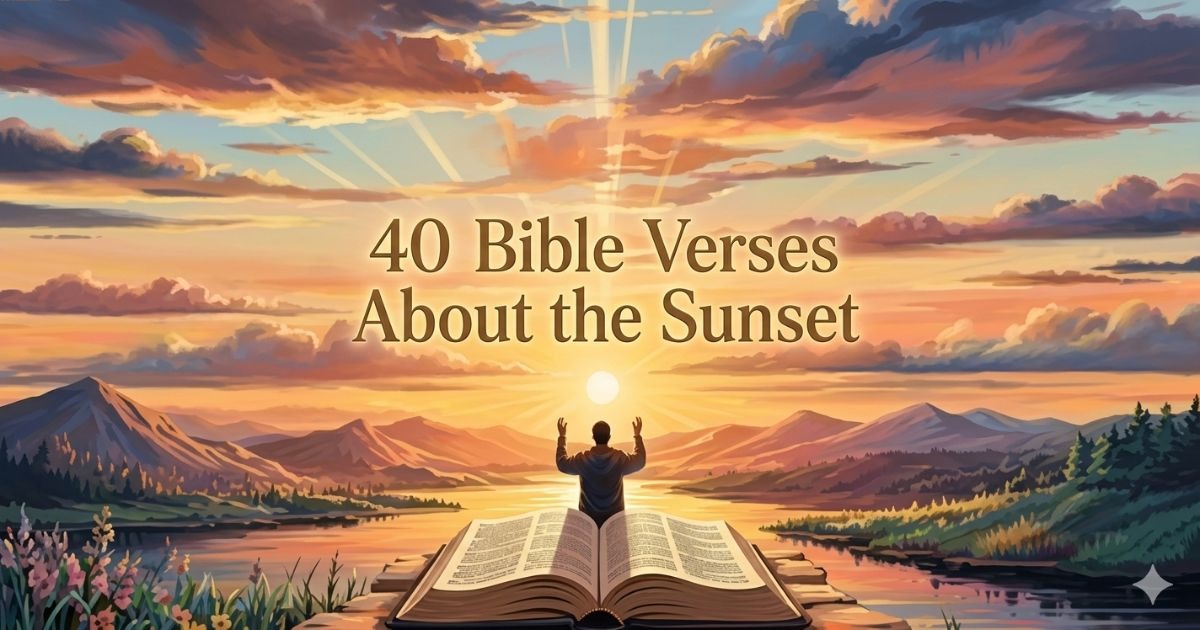Beautiful sunset landscape with glowing orange and pink skies over peaceful mountains and water, featuring inspirational Bible verses about the sunset and God’s creation.