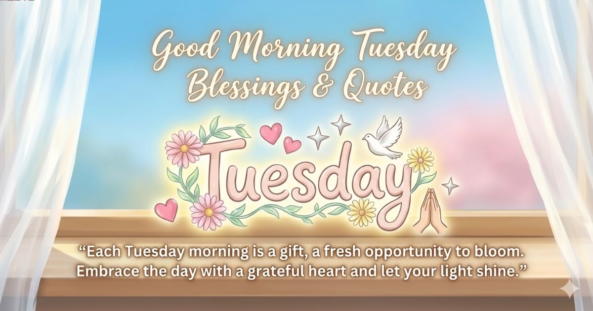 Beautiful Tuesday morning scene with sunrise, flowers, coffee, and inspirational Good Morning Tuesday blessings and quotes for positivity, motivation, and encouragement.